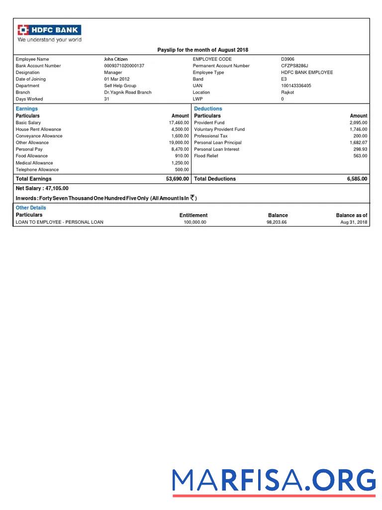 Индия HDFC Банковский payslip образец