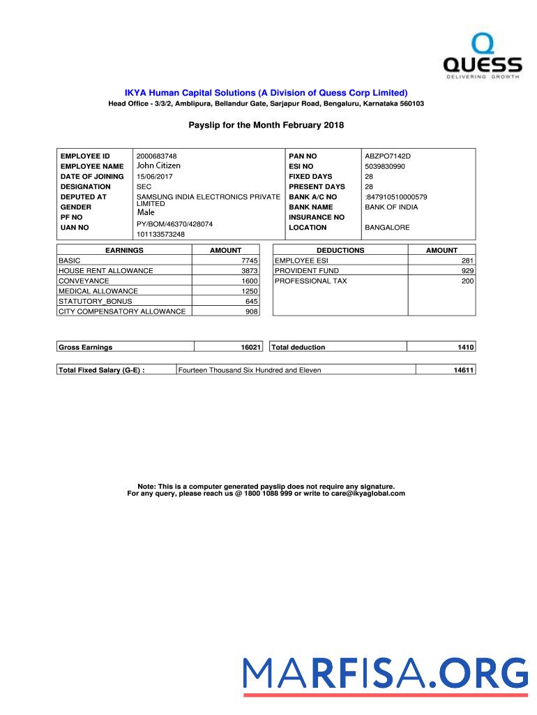 Индия IKYA Human Capital Solutions payslip дизайн