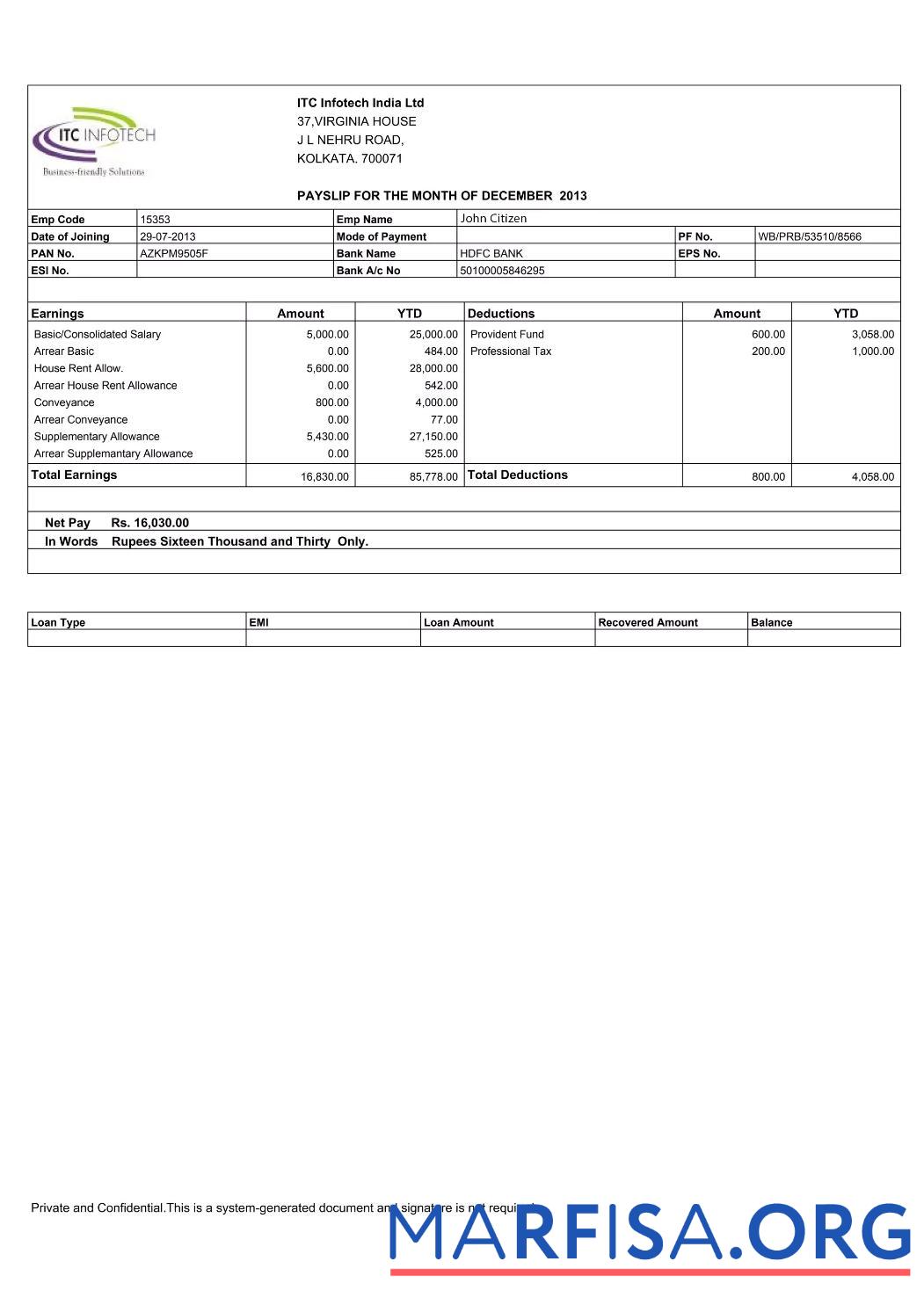 Индия ITC Infotech Индия LTD payslip образец