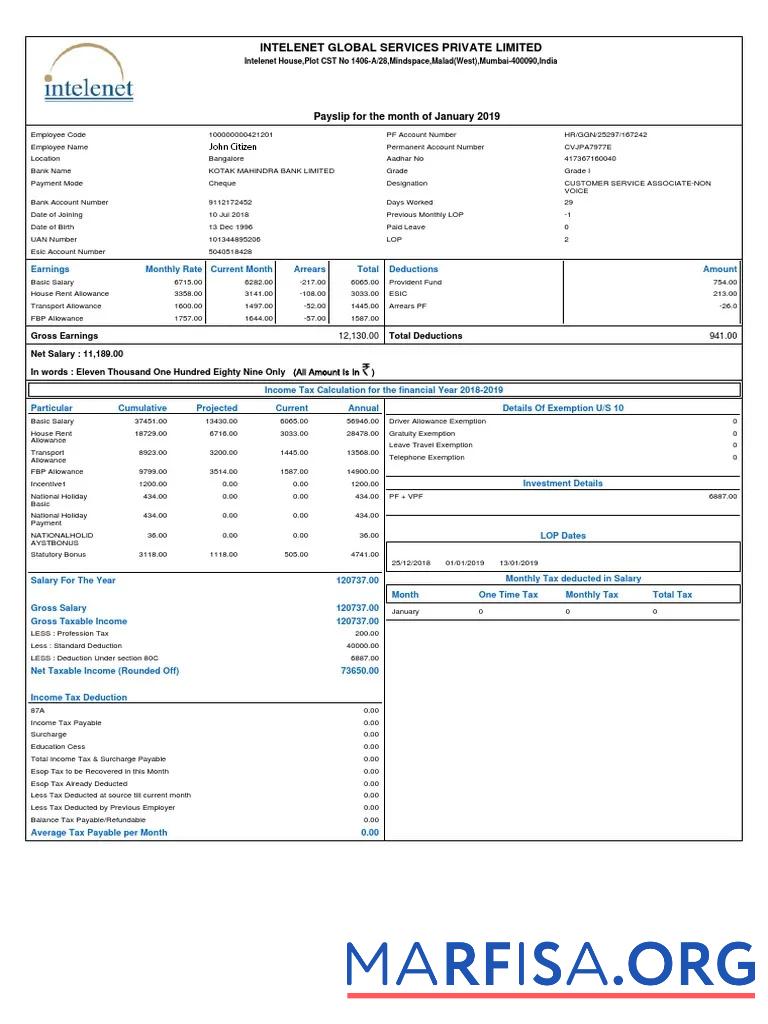 Индия Intelenet Global Services Limited payslip шаблон
