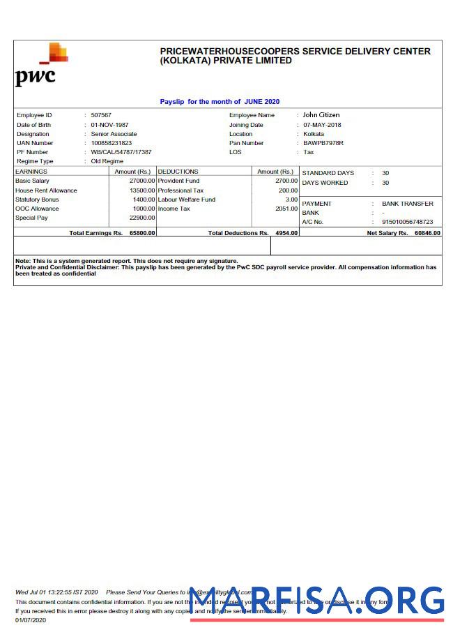 Индия Pricewaterhousecoopers Услуга Доставка Center (Kolkata) Private limited payslip макет
