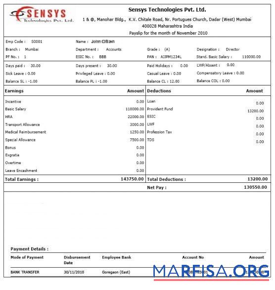 Индия Sensys technologies Pvt. Ltd. payslip макет