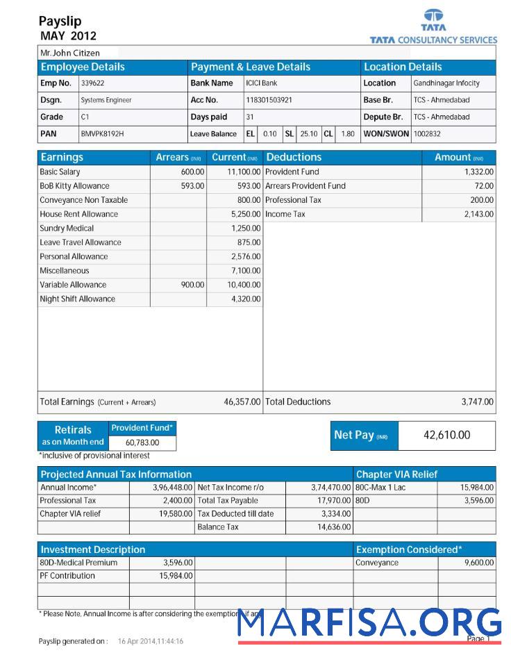 Индия TATA Consultancy Services payslip макет