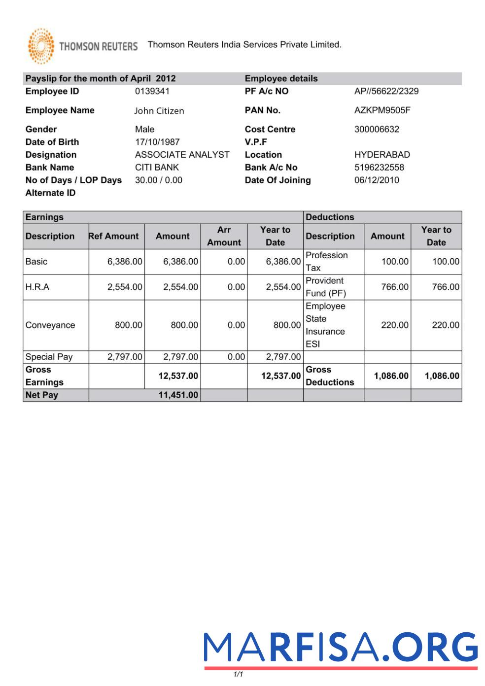 Индия Thomson Reuters Индия Services Private Limited payslip шаблон