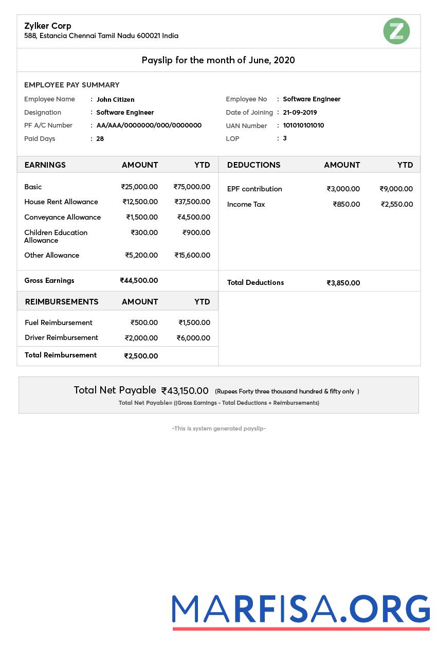 Индия Zylker corporation payslip шаблон