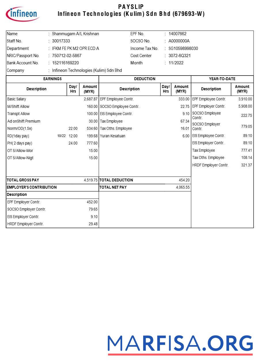 Infineon Technologies payslip шаблон