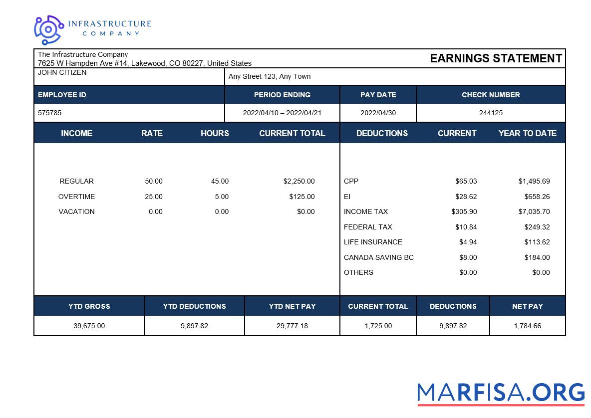 Infrastructure Компания payslip образец