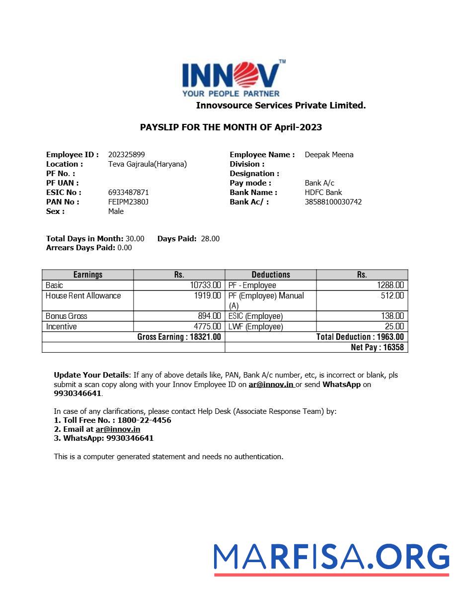 Innovsource Services staffing Компания payslip макет