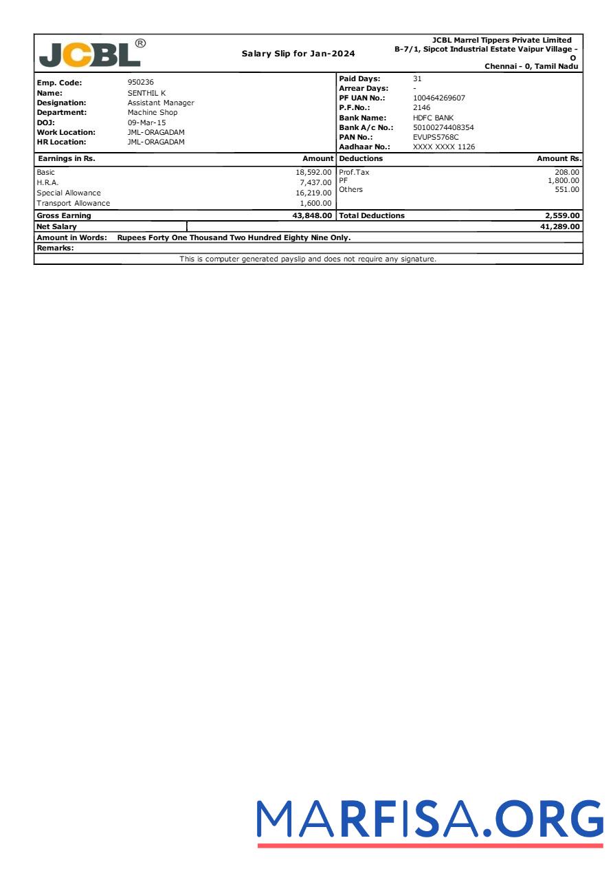 JCBL Marrel Tippers manufacturer payslip шаблон