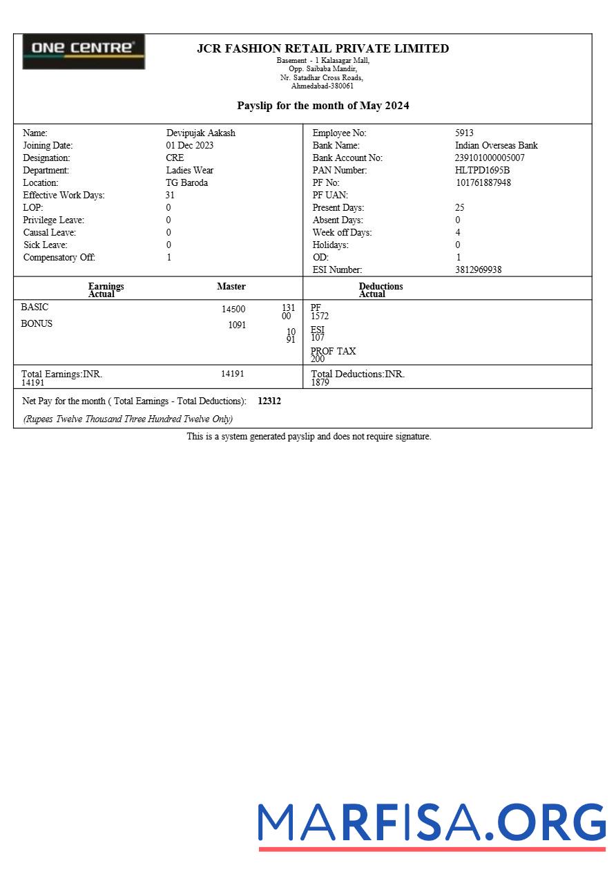 JCR Мода Retail payslip образец