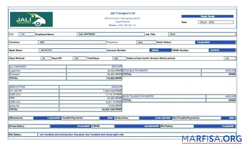 Jali Transport payslip макет