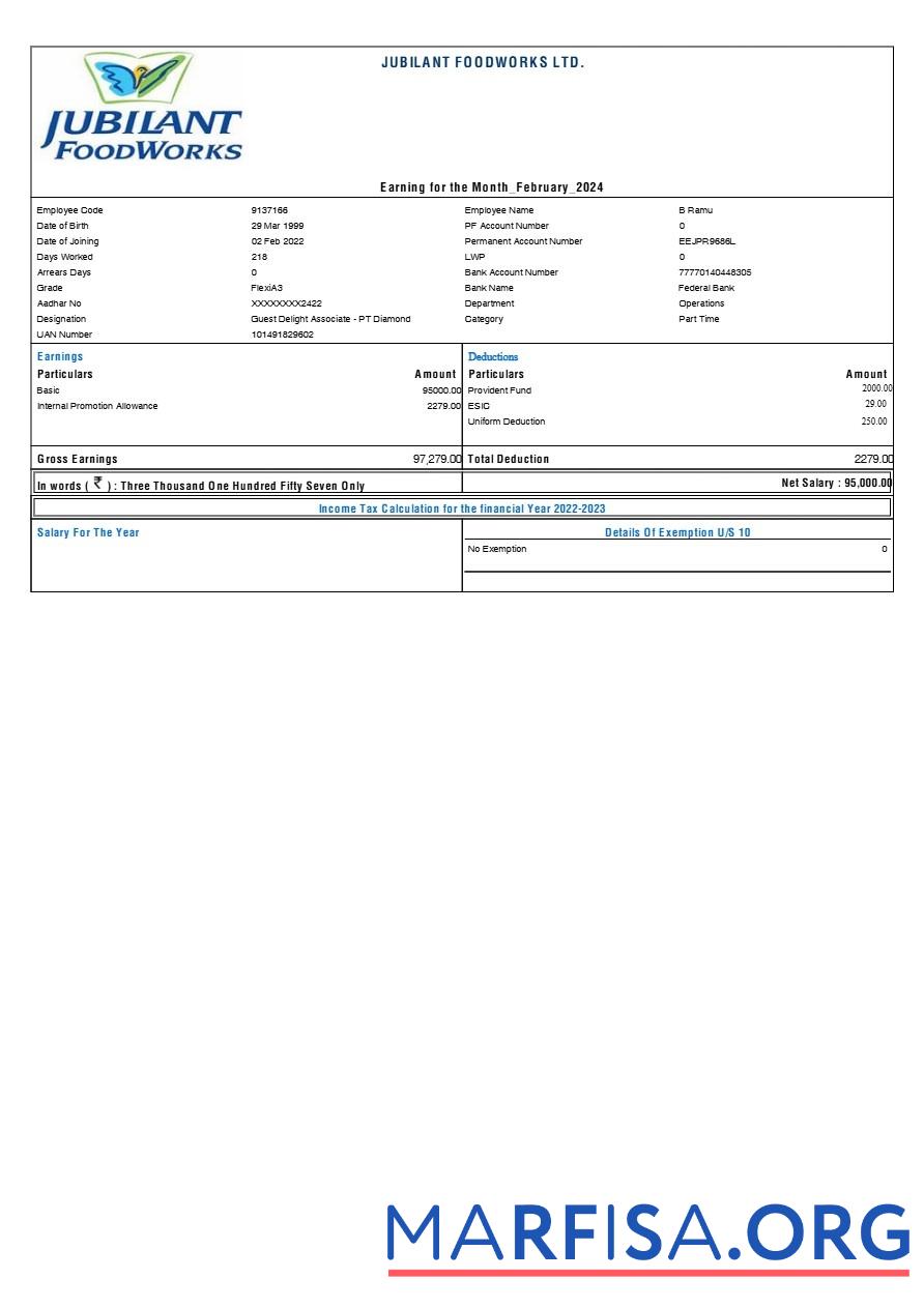 Jubilant FoodWorks payslip макет