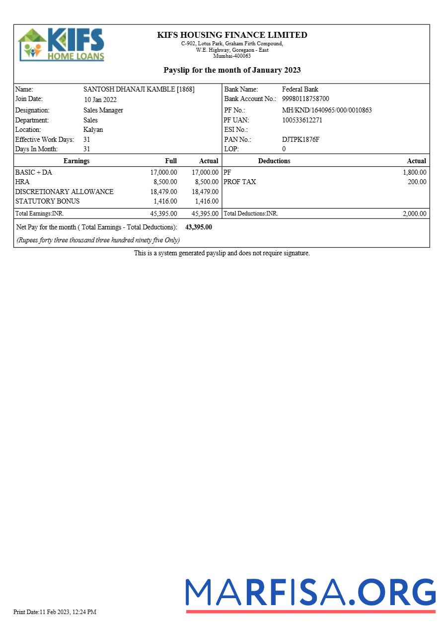 KIFS Housing Финансы payslip макет