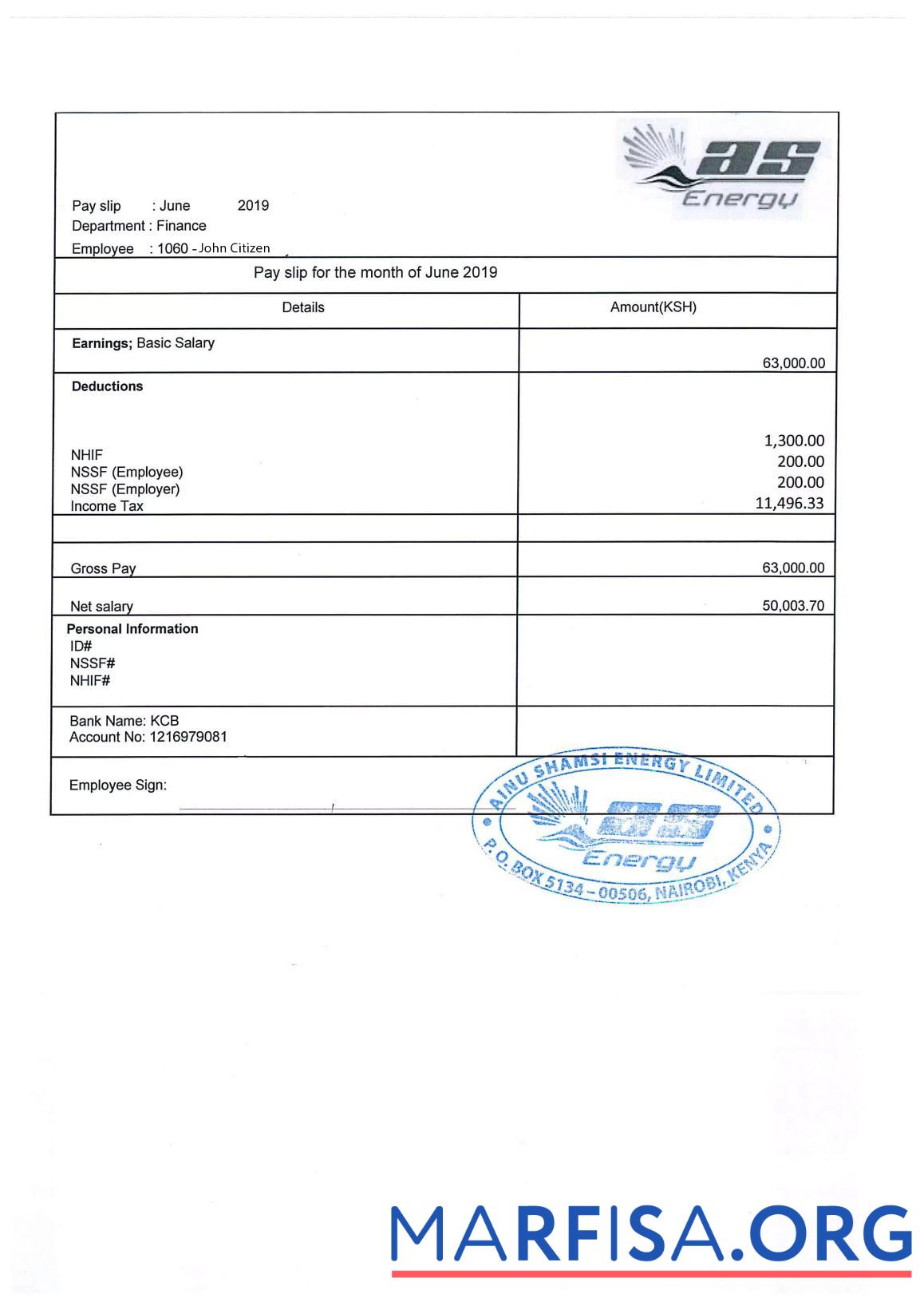 Кения AINU Shamsi Energy Limited payslip образец