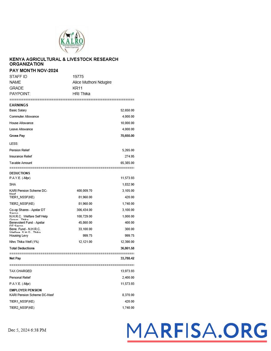 Кения Agricultural and Livestock Research Organization payslip предпросмотр