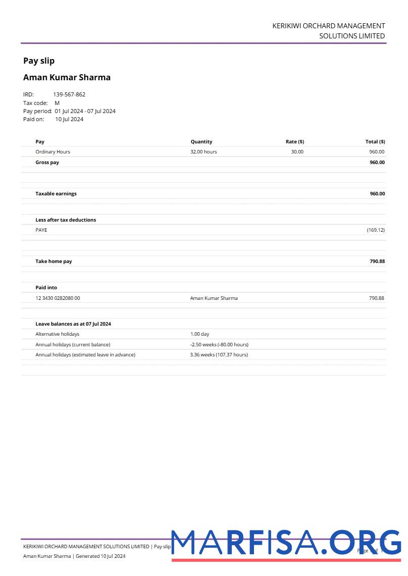 Kerikiwi Orchard Management Solutions payslip шаблон