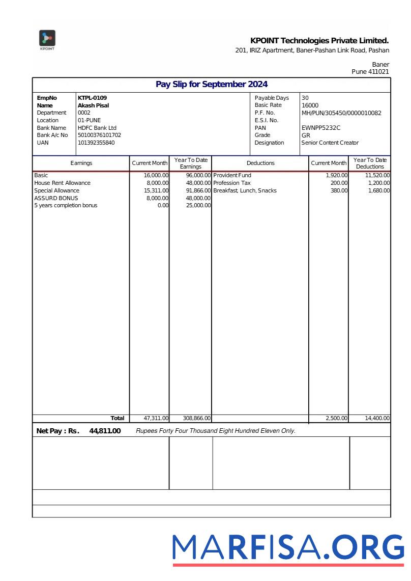 Kpoint Technologies payslip макет
