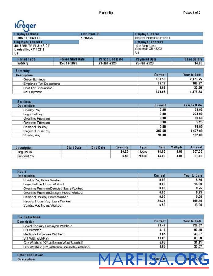 Kroger grocery payslip предпросмотр