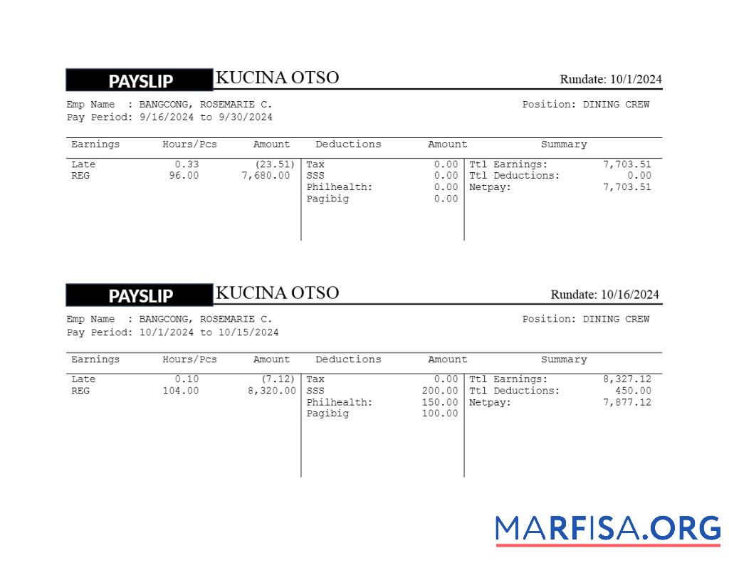 Kusina Otso restaurant payslip образец