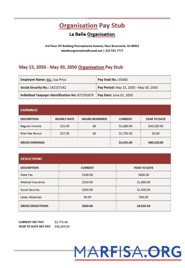 La Belle Organisation Paystub образец
