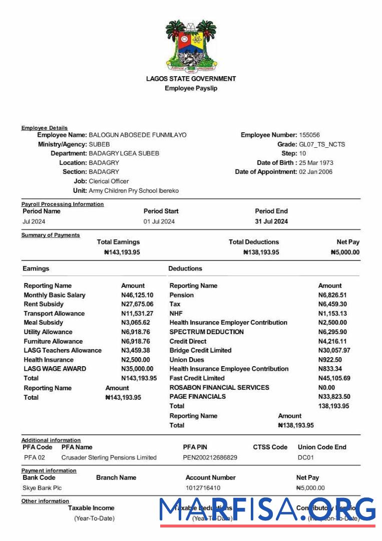 Lagos State Government employee payslip, Версия 2 макет