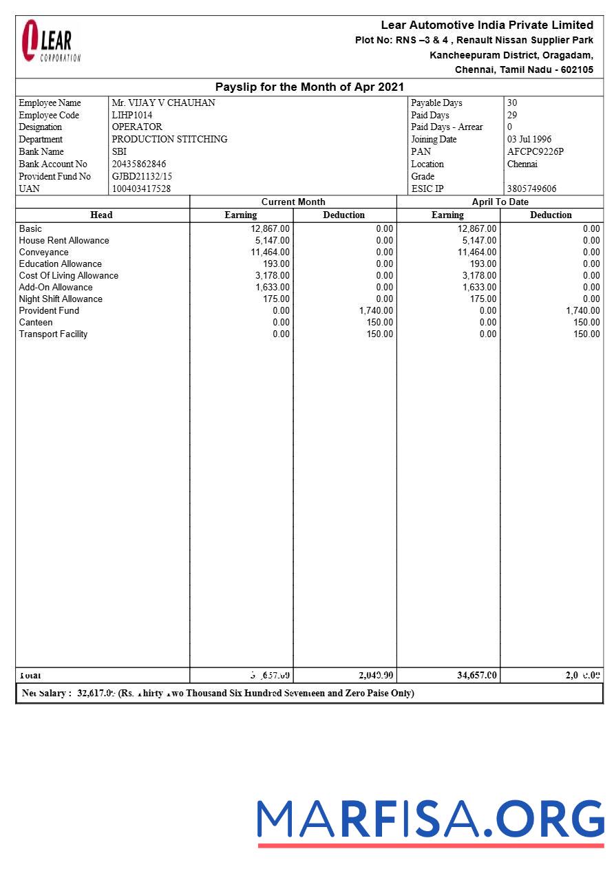 Lear Automotive Индия payslip предпросмотр