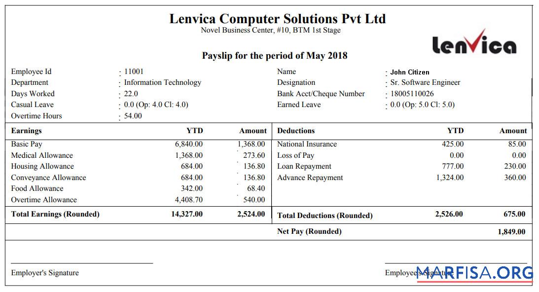Lenvica computer solutions Pvt Ltd payslip образец