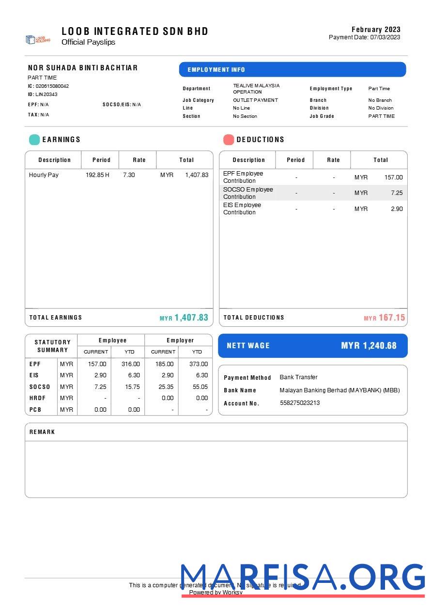 Loob Integrated tea brand payslip образец