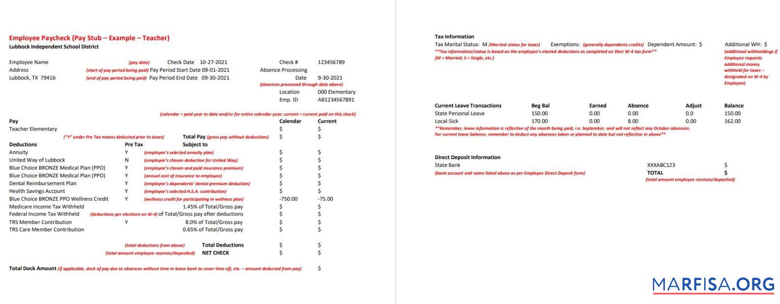 Lubbock Independent школа District teacher pay stub макет