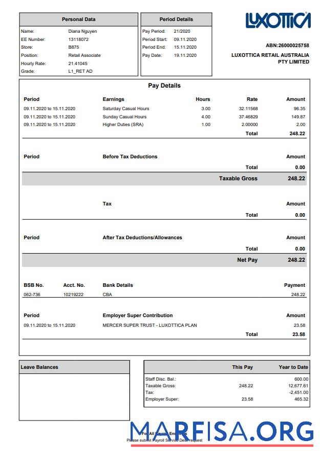 Luxottica Retail Paystub образец