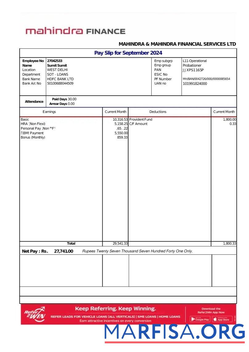 Mahindra Financial Services LTD payslip шаблон