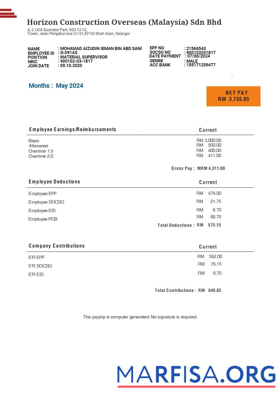 Малайзия Horizon Construction Overseas payslip дизайн