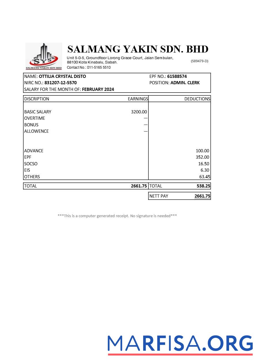 Малайзия Salmang Yakin construction Компания payslip дизайн