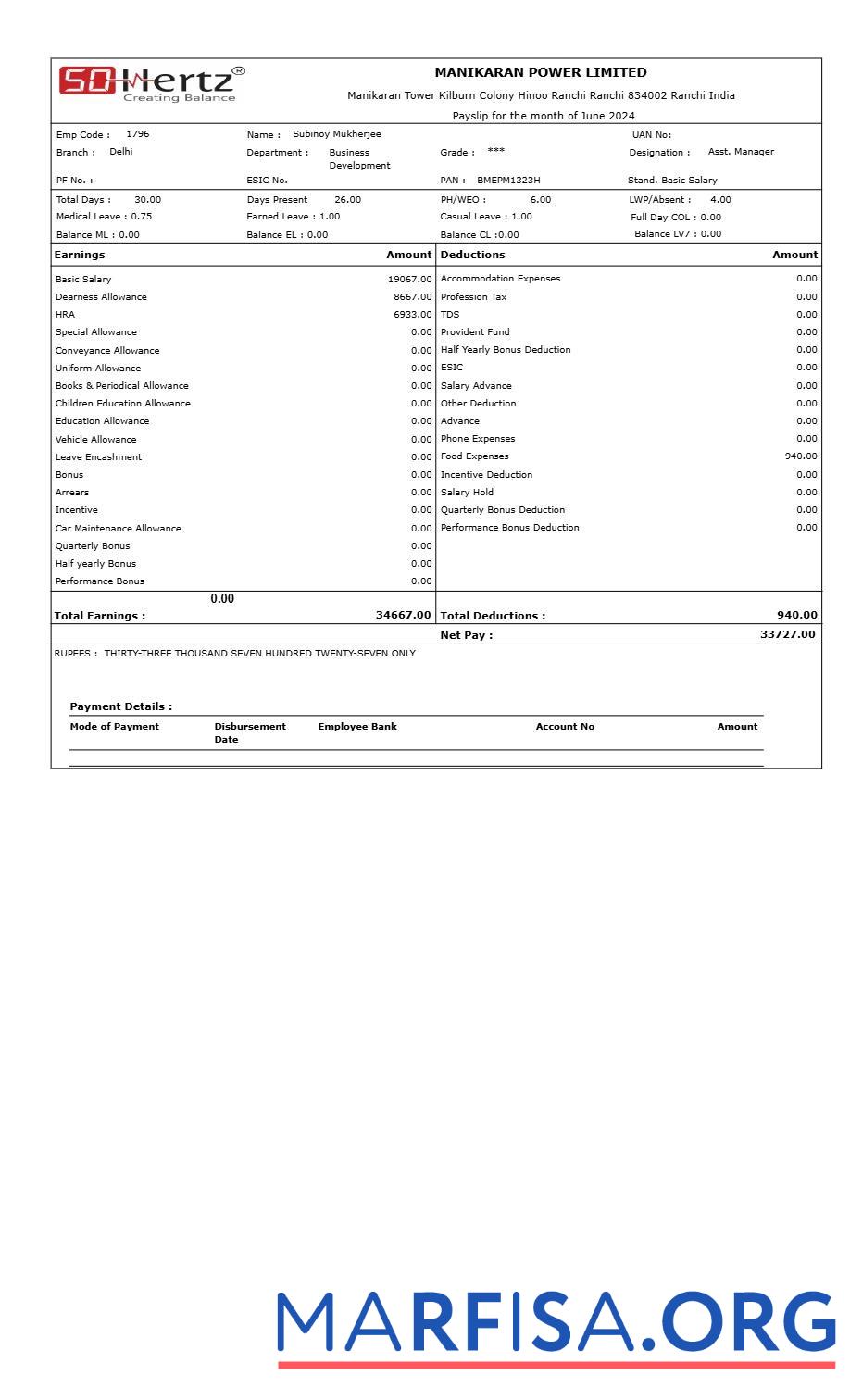 Manikaran Power payslip шаблон