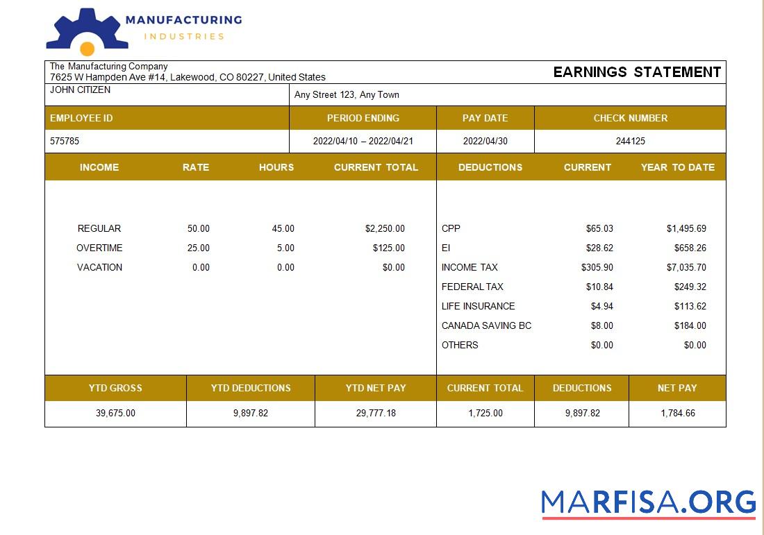 Manufacturing Компания payslip образец