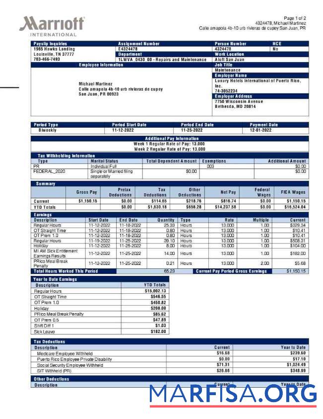 Marriott International payslip шаблон