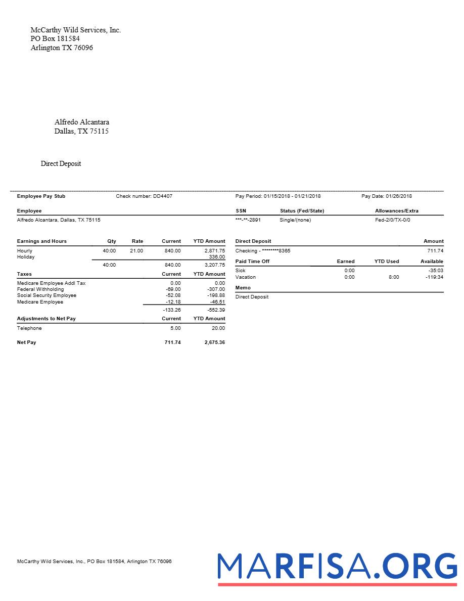 McCarthy Wild Services, IncΓÇñ pay stubs образец