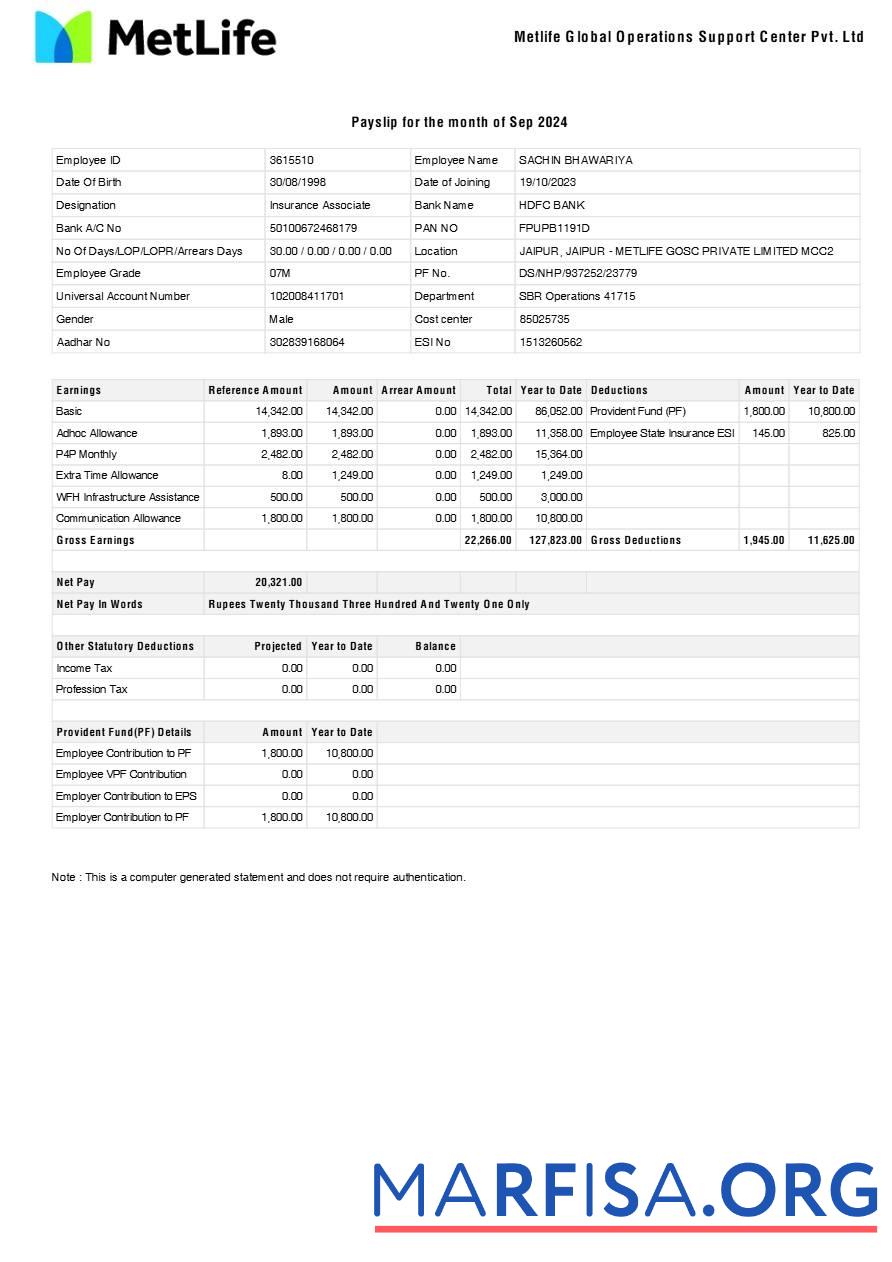 Metlife Global Operations Поддержка Center payslip макет