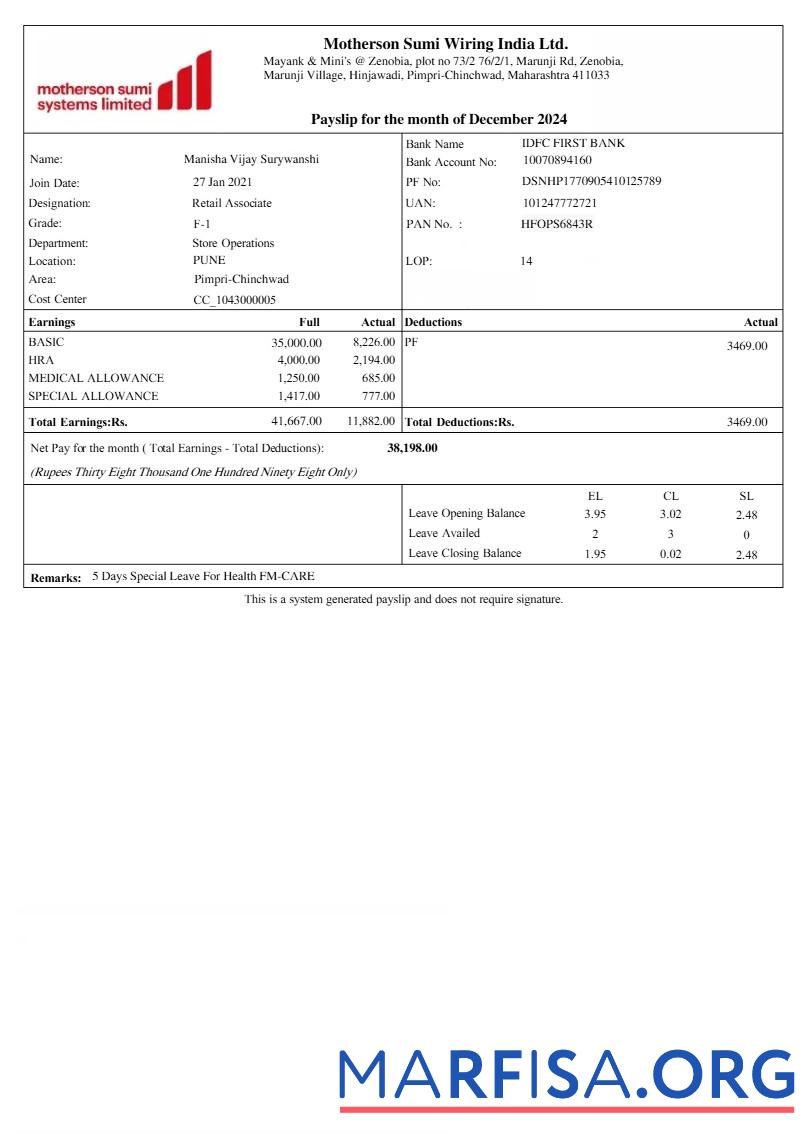 Motherson Sumi Wiring harness payslip предпросмотр