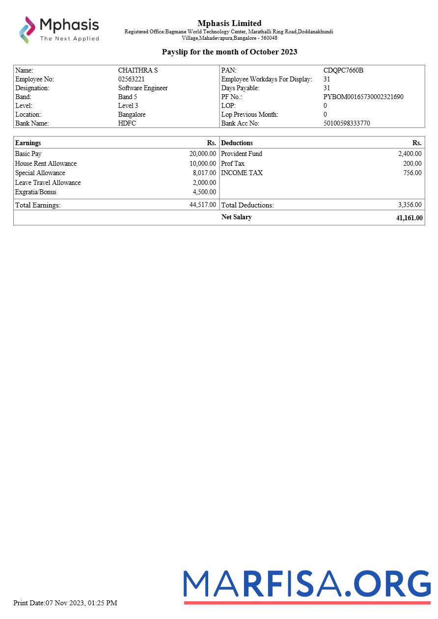 Mphasis IT Компания payslip дизайн