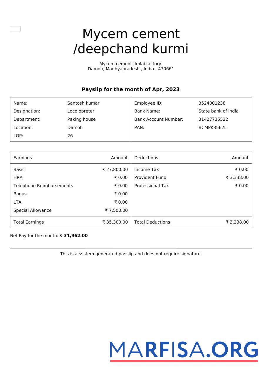 Mycem cement payslip макет