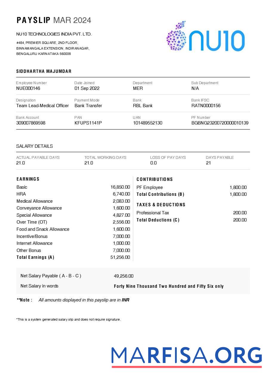 NU10 Technologies Индия payslip макет