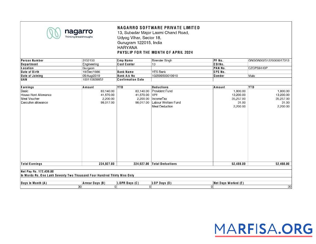 Nagarro Программное обеспечение payslip шаблон