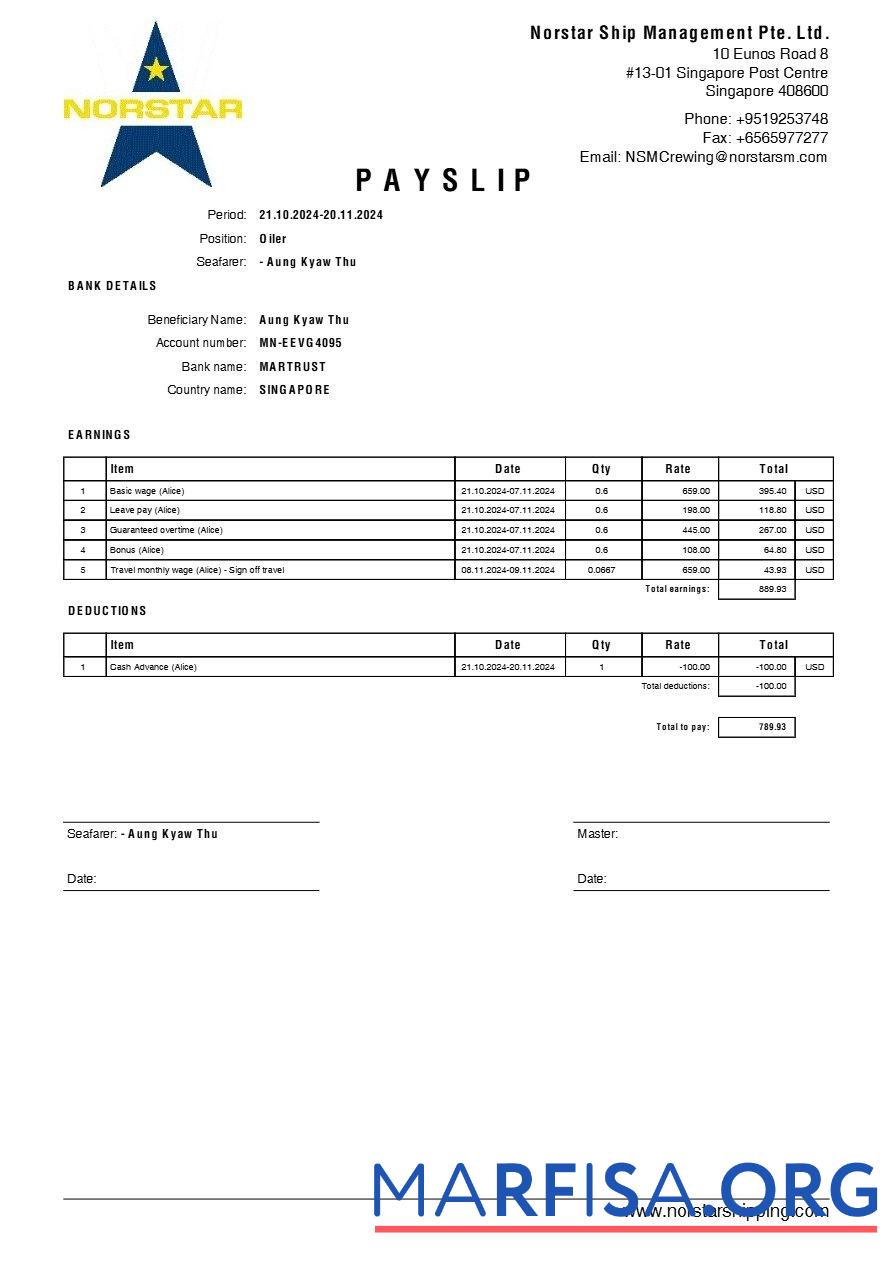 Norstar Ship Management payslip шаблон