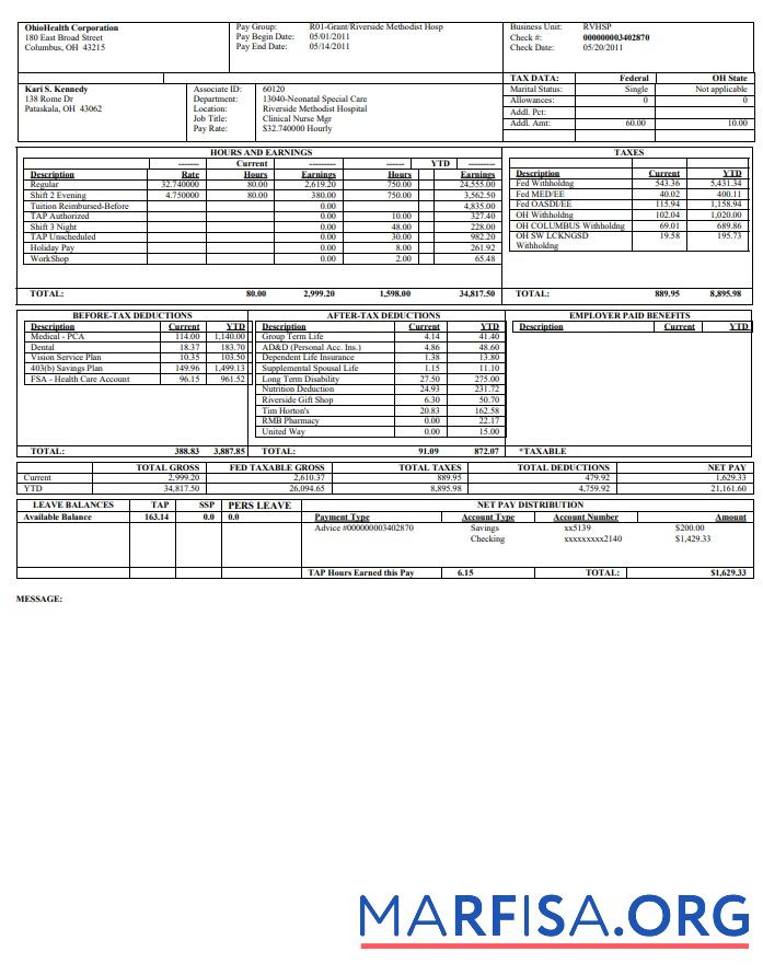OhioHealth Corporation Paystub дизайн