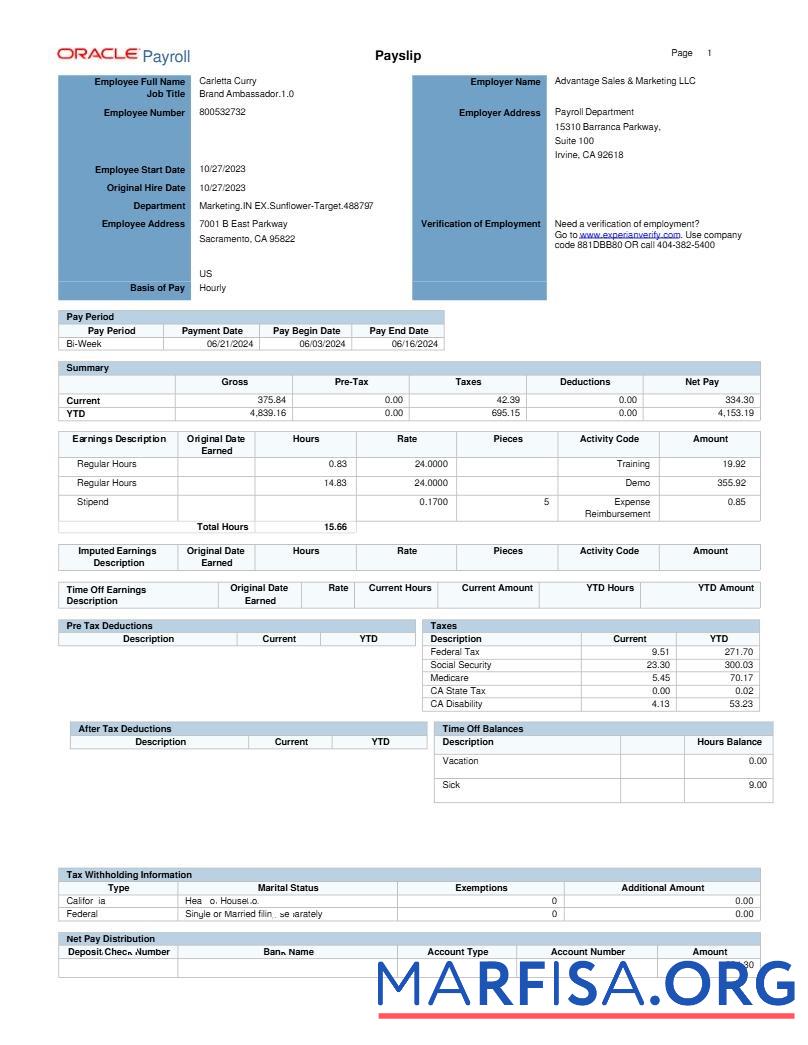 Oracle Payroll Advantage Продажи & Маркетинг LLC payslip дизайн