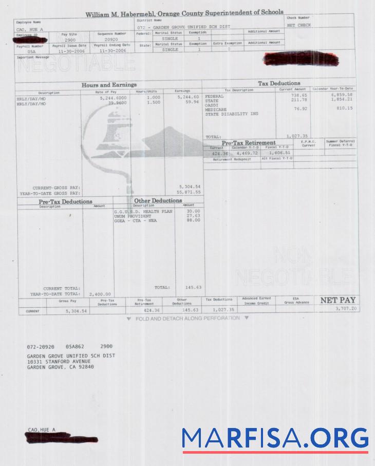 Orange County Superintendent of schools pay stub образец