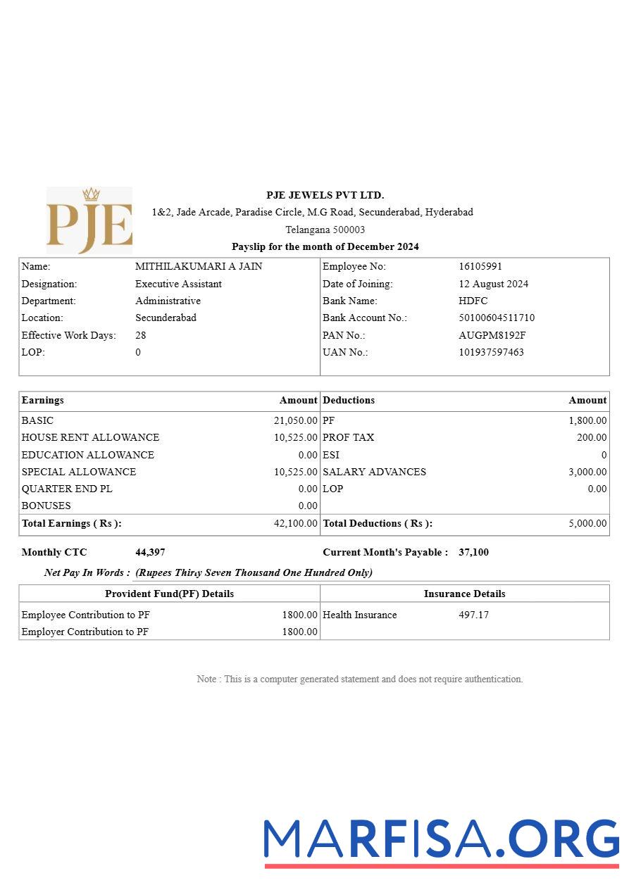 PJE Jewels payslip образец
