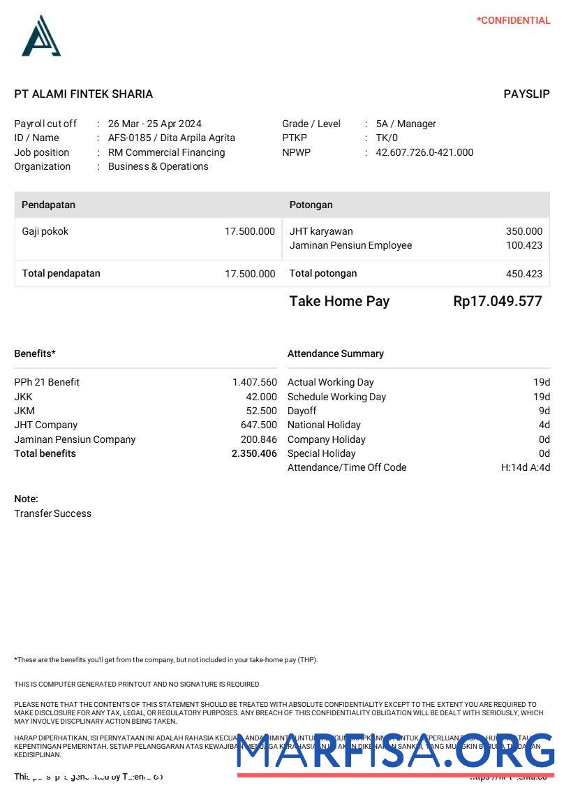 PT Alami Fintek Sharia payslip образец