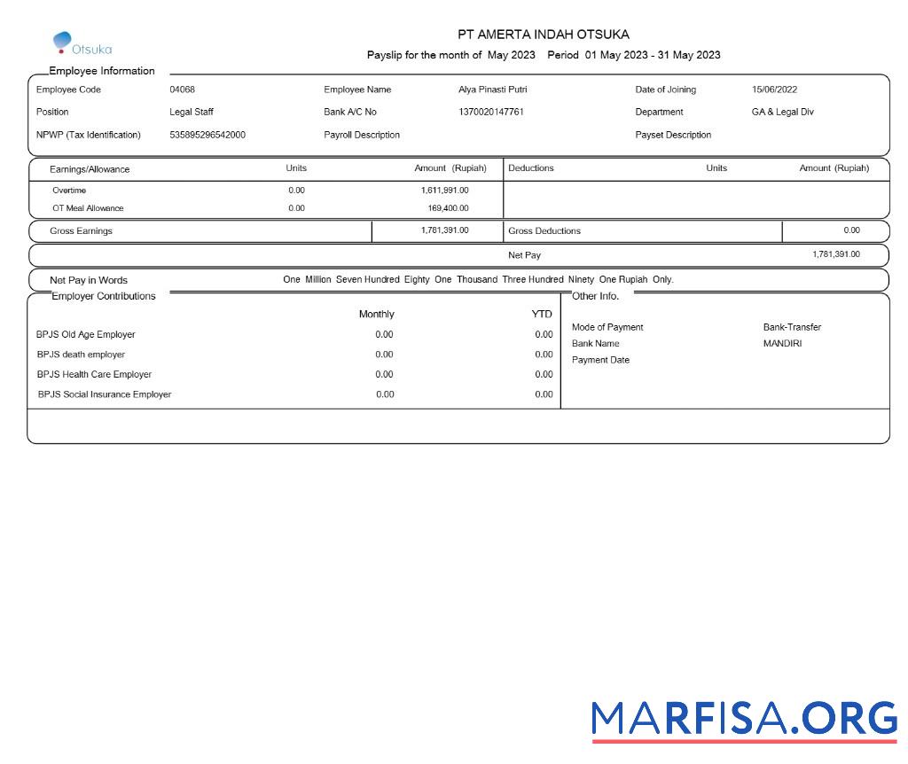 PT. Amerta Indah Otsuka payslip предпросмотр